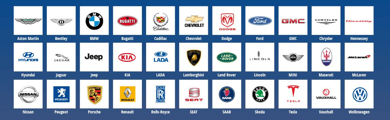 Marcas de automóviles de referencia, entre ellas BMW, Ford, Chevrolet, Hyundai, Nissan, Peugeot, Renault y Volkswagen
