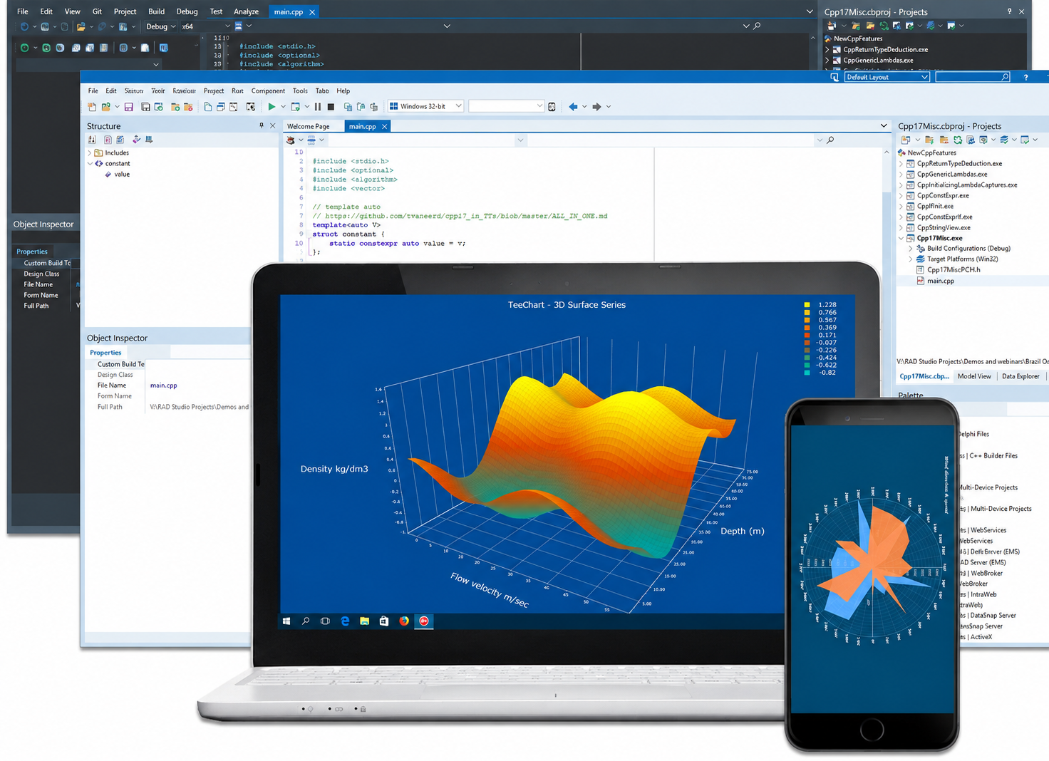 Entorno de desarrollo de software con gráficos en computadora y dispositivo móvil