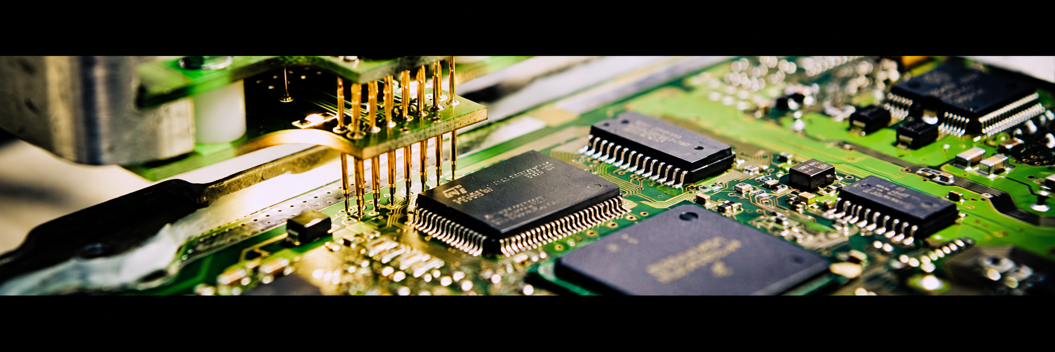 Detalle de una placa electrónica y sus contactos de programación