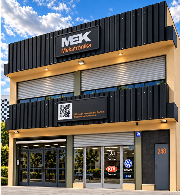 Frente de Mekatrónika con su cartel y entrada en el número 248