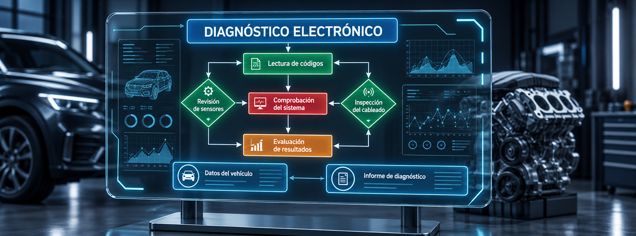 Panel ilustrativo de diagnóstico electrónico con textos en español