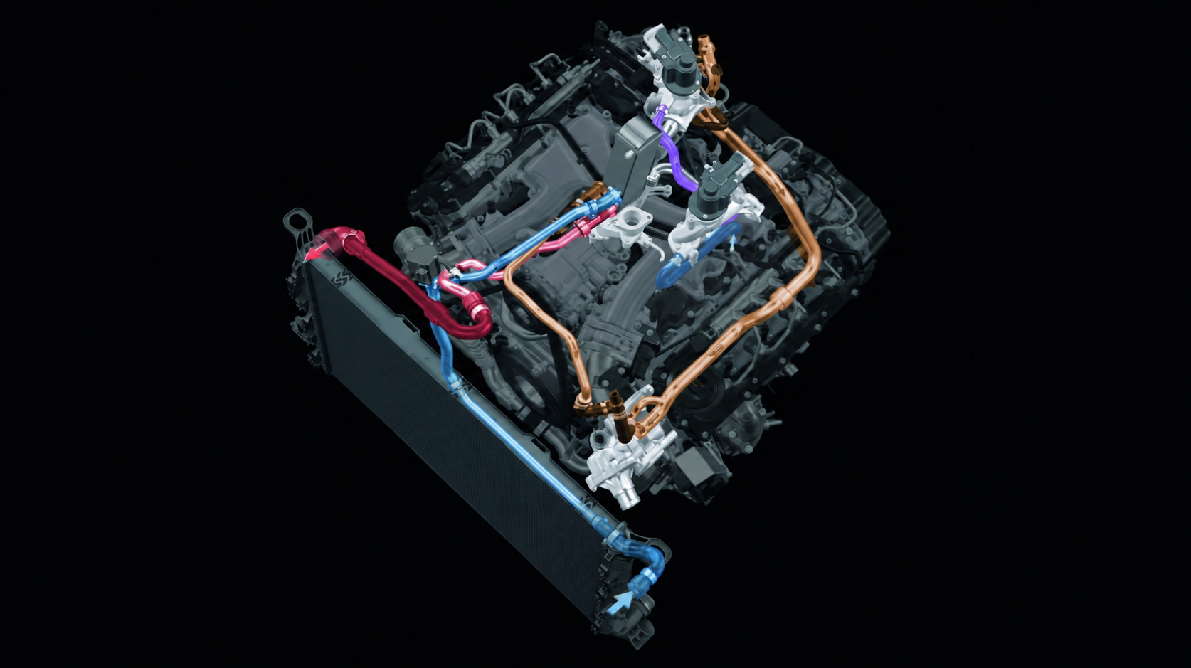 Ilustración de un motor con conductos destacados en distintos colores